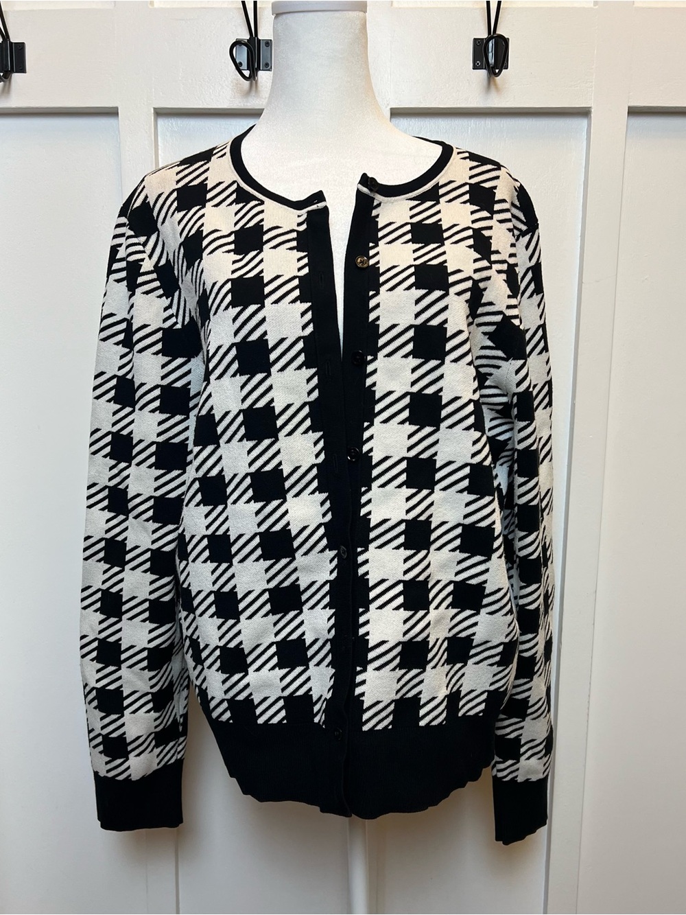 Ann Taylor Size XL Black White Geometric Button Up Cardigan Jacket Viscose Blend